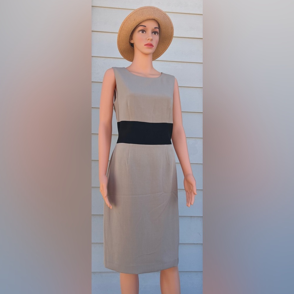 Kasper Tan Sleeveless Sheath Dress Scoop Neck Midi